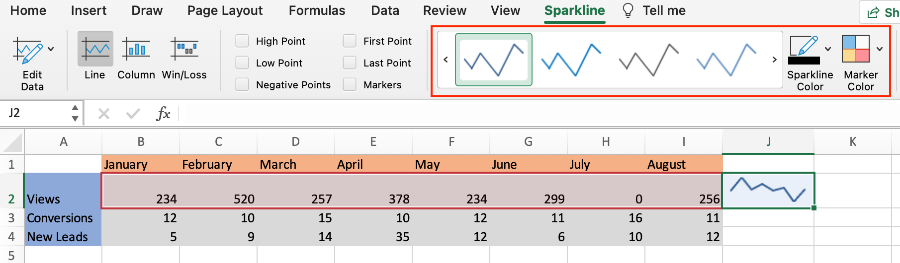 color code excel sparkline